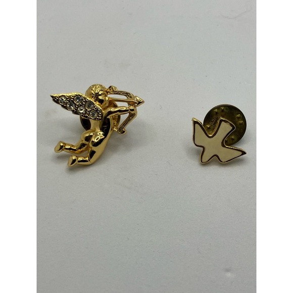 Cupid and Bird Lapel Pins Gold Tone Angel Cherub Dove‎ Set of 2 Brooches - Picture 1 of 6
